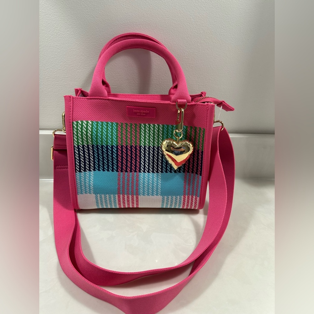 NWOT Kate Spade x Target pink plaid purse with puffy heart charm